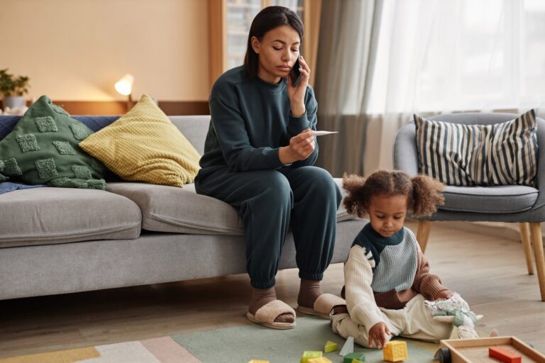 Mom with Child at Home Calling Doctor